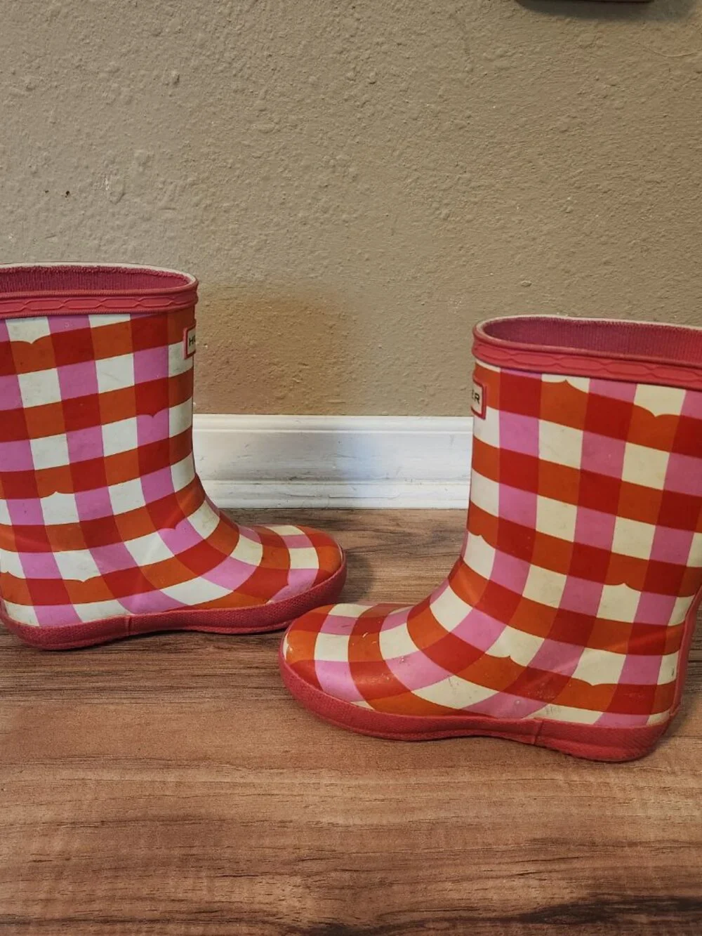 Hunter Girls 8 Pink Checkered Rain Boots Orange Pink White